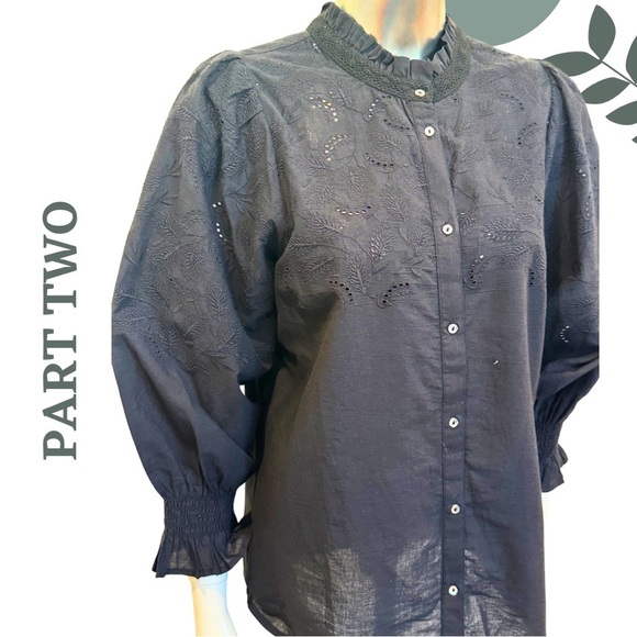 Part Two Black Statement Blouse | Eyelet Embroidered Puff Sleeve Shirt Size 8 - Picture 5 of 8